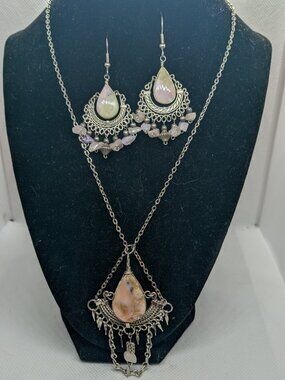 Handmade Leopard Jasper Necklace & Dangle Earrings Filigree Boho Set